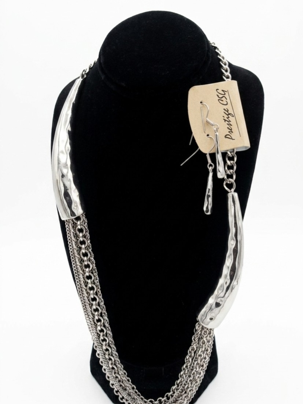 Silver Multi-Chain Hammered Pendant Necklace And Earings Set - Women Jewelry